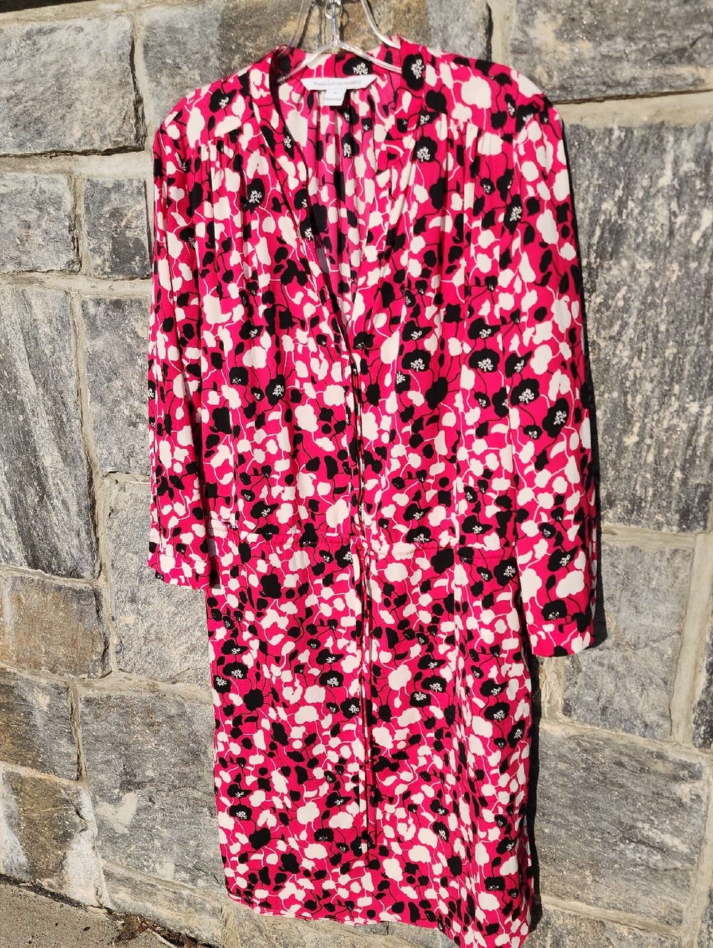 Diane von Furstenberg Freya Poppy Silk Blend Shirt Dress Sz 14
